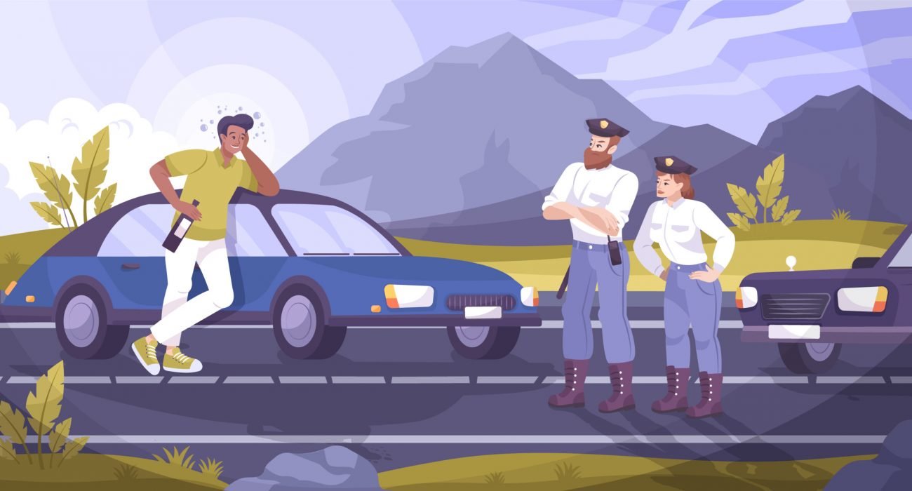 Traffic police patrol background with drunk driver symbols flat vector illustration